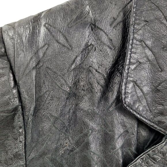 Vtg 80's Leather Trench Coat Rare Rocker Punk Tire Track Embossed Black Sz S - Picture 9 of 16